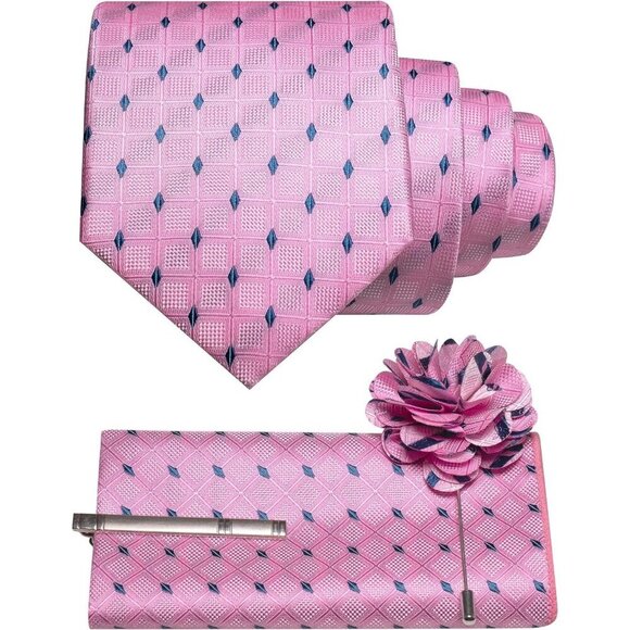 No Brand Other - 🆕Men Pink Plaid Checkered Necktie and Pocket with Tie Clip Lapel Pin Set Ties